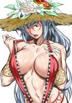  areola_slip areolae bracer breasts cleavage_reach dynamite-kit flower glasses hat hat_flower large_breasts licking_lips lips long_hair looking_at_viewer naughty_face navel puzzle_&amp;_dragons red_eyes round_eyewear silver_hair slingshot_swimsuit solo sun_hat swimsuit tongue tongue_out upper_body urd_(p&amp;d) 