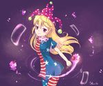  america american_flag_dress blonde_hair clownpiece fairy_wings fire flag_print frilled_shirt_collar frills hat jester_cap long_hair neck_ruff niromi pantyhose polka_dot purple_eyes purple_fire purple_hat smile solo star torch touhou wings 