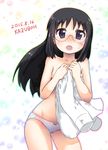  2015 :o black_eyes black_hair blush breasts covering covering_breasts dress_shirt glasses highres kazuboh minakami_mai nichijou panties shirt shirt_removed small_breasts solo standing sweatdrop topless underwear underwear_only 