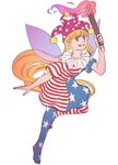  american_flag_dress american_flag_legwear blonde_hair clownpiece fairy_wings frills full_body grin hat highres jester_cap long_hair md5_mismatch mefomefo pantyhose red_eyes smile solo torch touhou very_long_hair wings 
