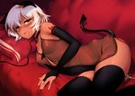  babydoll between_legs black_legwear black_panties black_rock_shooter blush breasts bridal_gauntlets collar covered_nipples dark_skin fang hand_between_legs highres leash lying m-da_s-tarou nipples on_side open_mouth panties pussy_juice red_eyes see-through short_hair small_breasts smile solo strength_(black_rock_shooter) tail tears thighhighs underwear white_hair 