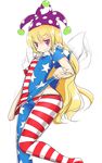  american_flag_dress american_flag_legwear blonde_hair blush_stickers clownpiece commentary_request eila_yagyu flag_print frilled_shirt_collar frills grin hat jester_cap long_hair looking_at_viewer naughty_face neck_ruff pantyhose purple_eyes purple_hat simple_background sketch smile solo touhou white_background wings 