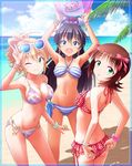  :d :o ;) adjusting_clothes adjusting_swimsuit ahoge amami_haruka ass ball bangle beach beachball bikini black_hair blonde_hair bracelet breasts brown_hair cleavage collarbone day eyewear_on_head fang floral_print ganaha_hibiki green_eyes hair_ribbon halterneck high_ponytail highres hoshii_miki idolmaster idolmaster_(classic) jewelry layered_bikini long_hair md5_mismatch medium_breasts multiple_girls navel o-ring o-ring_bottom one_eye_closed open_mouth outsider_0 ponytail print_bikini red_bikini ribbon short_hair smile string_bikini striped striped_bikini sunglasses swimsuit 