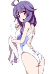  ass competition_swimsuit kantai_collection long_hair looking_back low_twintails miuku_(marine_sapphire) one-piece_swimsuit purple_hair red_eyes surprised swimsuit taigei_(kantai_collection) towel twintails 