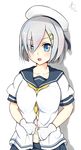  bad_id bad_pixiv_id blue_eyes blush breasts clothes_grab gloves hair_ornament hair_over_one_eye hairclip hamakaze_(kantai_collection) kantai_collection large_breasts looking_at_viewer open_mouth school_uniform serafuku short_hair silver_hair skirt solo white_gloves white_hair zeroyama 
