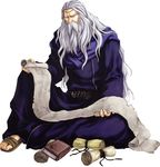  athos_(fire_emblem) beard facial_hair fire_emblem fire_emblem:_rekka_no_ken izuka_daisuke long_hair male_focus official_art parchment sandals simple_background sitting solo white_background white_hair 