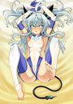  1girl areolae armpits arms_up barefoot blue_eyes breasts cameltoe covered_navel feet full_body isse leg_up legs long_hair looking_at_viewer lying nipples on_back open_mouth see-through small_breasts solo tail thighs toes white_hair 