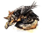  2015 ambiguous_gender avian beak bird black_feathers black_fur blue_eyes brown_fur canine claws duo feathered_wings feathers feral fox fur grey_feathers kenket looking_down looking_up lying mammal on_side one_eye_closed paws raven simple_background sleeping smile white_background white_fur wings 