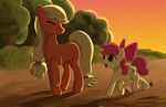  anathomically_correct apple apple_bloom_(mlp) apple_jack blonde_hair cutie_mark dirt duo dust equine female feral friendship_is_magic fruit fur grass hair hair_bow happy horse mammal mricantdraw my_little_pony orange_fur outside pink_hair pony ribbons shadow sky smile species: sunset tree yellow_fur 