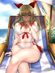  beach breasts breasts_apart center_opening chair covered_nipples crossed_legs deck_chair elf elsword fi-san folding_chair green_hair highres huge_breasts long_hair looking_at_viewer navel one-piece_swimsuit pointy_ears rena_(elsword) sitting smile solo swimsuit wet yellow_eyes 