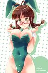  akizuki_ritsuko animal_ears antenna_hair blush bow bowtie braid breasts brown_hair bunny_ears bunnysuit cleavage fuyube_rion glasses idolmaster idolmaster_(classic) large_breasts long_hair polka_dot polka_dot_background red-framed_eyewear solo standing sweatdrop twin_braids wavy_mouth wrist_cuffs yellow_eyes 