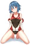  1girl :d armpit_crease bangs bare_shoulders barefoot black_swimsuit blue_hair blush breasts collarbone eyebrows_visible_through_hair full_body grin hair_between_eyes head_tilt highres jacket kneeling long_sleeves looking_at_viewer medium_breasts off_shoulder open_clothes open_jacket open_mouth partially_unzipped phantasy_star phantasy_star_online_2 red_eyes school_swimsuit shadow short_hair sidelocks simple_background smile solo stratos_(pso2) swimsuit teeth thighs white_background white_jacket yuano 