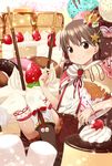  agemono bad_id bad_pixiv_id blush boots brown_eyes brown_hair cake candy cherry crown food fruit hair_ornament ice_cream ice_cream_cone looking_at_viewer male_focus marshmallow original pancake pocky ribbon shorts smile solo sparkle stack_of_pancakes strawberry suspenders thighhighs white_legwear 