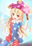  american_flag_dress american_flag_legwear blonde_hair blue_legwear blush clownpiece fairy_wings hat holding jester_cap long_hair niiya orange_eyes pantyhose red_legwear simple_background solo star striped striped_legwear thighhighs torch touhou v white_background wings zettai_ryouiki 