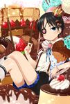  :&lt; agemono bad_id bad_pixiv_id black_hair blue_eyes blush cake candy cherry crown eyepatch food fruit hair_ornament ice_cream ice_cream_cone looking_at_viewer male_focus marshmallow original pancake pocky ribbon shorts smile solo sparkle stack_of_pancakes strawberry suspenders 