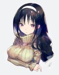  bangs black_hair breast_hold breast_rest breasts cropped_torso crossed_arms grey_background hairband jiyu2 large_breasts long_hair original purple_eyes ribbed_sweater simple_background solo sweater turtleneck turtleneck_sweater white_hairband 