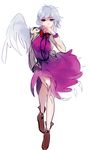  bow dress grey_hair hug_(yourhug) kishin_sagume purple_dress red_bow red_eyes short_hair simple_background single_wing solo touhou white_background wings 