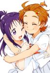  azuma_yukihiko blush brown_hair cheek-to-cheek commentary_request eyebrows futari_wa_precure_splash_star hair_ornament hug hyuuga_saki long_hair mishou_mai multiple_girls ponytail precure purple_eyes purple_hair school_uniform short_hair smile thick_eyebrows very_short_hair yuunagi_middle_school_uniform 