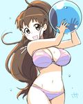  :d aqua_background ball beachball bikini blush bowieknife breasts brown_eyes brown_hair commentary_request cowboy_shot jpeg_artifacts large_breasts long_hair looking_at_viewer navel open_mouth pink_bikini ponytail signature simple_background smile solo swimsuit taneshima_popura working!! 