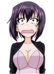  bodysuit breasts brown_eyes cleavage cosplay fang ghost_in_the_shell girls_und_panzer jacket kawashima_momo killing-inthe-name kusanagi_motoko kusanagi_motoko_(cosplay) medium_breasts purple_hair shocked_eyes short_hair solo 