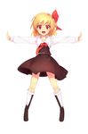  :d absurdres bangs blonde_hair fangs full_body hair_ribbon highres kneehighs long_sleeves necktie neetsr open_mouth outstretched_arms red_eyes ribbon rumia shoes short_hair simple_background skirt skirt_set smile socks solo spread_arms tareme touhou white_background wide-eyed 