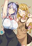  aoi_manabu apron arm_up armpits blonde_hair blush bra bra_through_clothes breasts brown_eyes collarbone condom cover cover_page dagashi_kashi doujin_cover earrings endou_saya fang flower frills hair_flower hair_ornament hair_ribbon hairband hairclip heart high-waist_skirt holding holding_condom jewelry large_breasts long_hair looking_at_viewer multiple_girls nail_polish open_mouth purple_eyes purple_hair ribbon ringed_eyes sanpaku see-through shidare_hotaru short_hair skirt smile sweat underwear v 