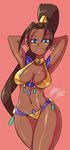  1girl arabian_clothes armpits arms_behind_head bigdead93 blue_eyes breasts brown_hair choker cleavage contrapposto dark_skin earrings female highres jewelry large_breasts lips long_hair midriff ponytail pullum_purna showing_armpits simple_background smile solo street_fighter street_fighter_ex very_dark_skin 