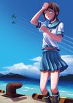  aircraft airplane black_hair bollard condensation_trail day fubuki_(kantai_collection) kantai_collection kazunoko open_mouth pier ponytail school_uniform serafuku short_hair solo 