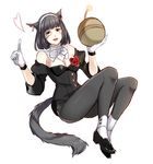  :d animal_ears black_eyes black_hair bomb bow bowtie breasts cat_ears cat_tail cleavage detached_collar earrings facial_mark final_fantasy final_fantasy_xiv flower gloves grey_legwear jewelry leaf lips medium_breasts mimimi_(echonolog) miqo'te monocle nashu_mhakaracca open_mouth pantyhose red_flower red_rose rose short_hair simple_background smile solo tail white_background white_gloves 