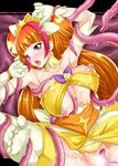  akino_hamo amanogawa_kirara armband armpits blush breasts censored choker cleavage collarbone commentary_request cure_twinkle earrings feet gloves go!_princess_precure hair_ornament highres jewelry large_breasts long_hair nipple_slip nipples no_panties open_mouth orange_hair precure purple_eyes solo spread_legs suggestive_fluid tentacles thighhighs tongue tongue_out white_gloves 