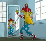  1girl american_flag blonde_hair clown clownpiece fairy_wings ganemi gloves hat jester_cap makeup mcdonald&#039;s mcdonald's meme mirror overalls parody pose ran_ran_ru ronald_mcdonald ronald_mcdonald_(cosplay) smile solo star_print striped touhou window wings 