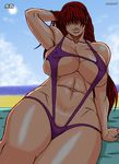  1girl beach blush breasts cleavage curvy erect_nipples hair_over_eyes huge_breasts king_of_fighters lips long_hair navel papepox2 plump red_hair shermie shermie_(kof) sitting sky smile solo sweat swimsuit thick_thighs wide_hips 