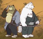  2017 anthro belly black_nose canine clothed clothing duo fox fur garouzuki gun humanoid_hands male mammal melee_weapon moobs navel nipples overweight overweight_male pants ranged_weapon scar sword tanuki weapon white_fur 