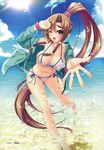  absurdres bachou beach bikini breasts brown_hair cleavage cloud covered_nipples d: day highres horizon jacket jacket_over_swimsuit koihime_musou large_breasts lens_flare long_hair navel ocean one_eye_closed open_clothes open_jacket open_mouth outdoors purple_eyes see-through shiny shiny_skin side-tie_bikini skindentation sky splashing strap_gap sun swimsuit very_long_hair wading white_bikini yatsuha_kanan 