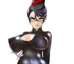  absurdres bayonetta bayonetta_(character) beehive_hairdo black_hair blue_eyes bodysuit breast_lift breasts cleavage cleavage_cutout covered_nipples elbow_gloves eyeshadow glasses gloves hair_ribbon highres large_breasts lips looking_at_viewer makeup mole mole_under_mouth nose puffy_nipples ribbon semi-rimless_eyewear shiny shiny_clothes skin_tight smile solo superboin under-rim_eyewear white_gloves 