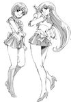  bare_legs bishoujo_senshi_sailor_moon boots earrings greyscale high_heels hino_rei inner_senshi jewelry knee_boots long_hair looking_at_viewer looking_back magical_girl miniskirt mizuno_ami monochrome moriguchi_nao_(naonao) multiple_girls open_mouth pleated_skirt ribbon sailor_collar sailor_mars sailor_mercury sailor_senshi_uniform short_hair simple_background skirt smile talisman tiara white_background 