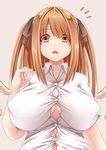  1girl absurdres blush breasts brown_eyes bursting_breasts button_gap cleavage covered_nipples creek_(moon-sky) frown highres large_breasts open_mouth original pov solo two_side_up 