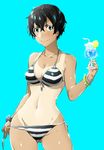  aqua_background arizuka_(catacombe) ass_visible_through_thighs bikini black_hair blue_eyes bracelet breasts cleavage contrapposto cowboy_shot drink drinking_straw front-tie_top glass highres jewelry looking_at_viewer medium_breasts navel one-piece_tan original scrunchie short_hair side-tie_bikini smile solo sparkle standing striped striped_bikini swimsuit tan tanline untied wrist_scrunchie 