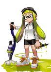  :/ backpack bad_id bad_pixiv_id bag bike_shorts blush buttons dress_shirt full_body goggles goggles_on_head green_hair highres holding horikoshi_kouhei inkbrush_(splatoon) inkling long_hair long_sleeves looking_at_viewer orange_eyes paint paintbrush pointy_ears shirt shoes simple_background sneakers solo splatoon_(series) splatoon_1 sprinkler sprinkler_(splatoon) standing tentacle_hair white_background white_footwear 