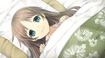  bangs blue_eyes brown_hair cura game_cg highres long_hair looking_at_viewer monobeno parted_bangs sawai_natsuha smile solo under_covers 