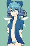  :q blue_eyes blue_hair blue_panties bow cirno collarbone hair_bow highres ice ice_wings navel negiko no_bra open_clothes open_shirt panties shirt short_hair solo tongue tongue_out touhou underwear wings 