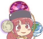  bangs bare_shoulders black_shirt blush chain chibi dot_nose earth_(ornament) gold_chain gyate_gyate hecatia_lapislazuli ikiyouz lowres moon_(ornament) open_mouth polos_crown red_eyes red_hair shirt smile solo touhou transparent_background 