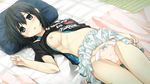  :o arishima_alice bangs black_hair blue_eyes blunt_bangs blush bow bow_panties breasts clothes_writing cura dutch_angle french game_cg highres lying monobeno nipples on_back on_bed open_mouth panties pink_panties shirt_lift short_hair skirt skirt_lift small_breasts solo underwear 