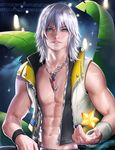  abs aqua_eyes banned_artist jewelry kingdom_hearts male_focus navel pendant riku sakimichan silver_hair solo upper_body vest watermark web_address 