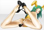 1girl animal_ears ass blush border bunny_ears bunnysuit censored fang from_behind green_hair high_heels jellyfish_(artist) long_hair looking_back object_insertion open_mouth pussy simple_background solo suzumiya_haruhi_no_yuuutsu tsuruya yellow_eyes 