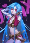 1girl adjusting_hair alternate_hairstyle bikini_top blue_hair bullet flat_chest hair_down jinx_(league_of_legends) league_of_legends looking_at_viewer nail_polish navel pink_eyes short_shorts simple_background solo songjikyo stomach tattoo thigh_holster very_long_hair 