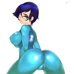  absurdres alternate_hair_length alternate_hairstyle ass bayonetta bayonetta_(character) bayonetta_2 black_hair blue_eyes bodysuit breasts cameltoe cosplay covered_nipples eyeshadow fat_mons from_behind glasses highres large_breasts lips makeup metroid mole mole_under_mouth over-rim_eyewear samus_aran samus_aran_(cosplay) semi-rimless_eyewear short_hair skin_tight solo superboin zero_suit 