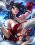  ahri anaglyph animal_ears banned_artist bare_shoulders black_hair breasts cleavage fox_ears fox_tail highres huge_breasts korean_clothes league_of_legends lips long_hair looking_at_viewer multiple_tails navel open_mouth sakimichan smile solo tail torn_clothes yellow_eyes 