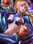  adapted_costume banned_artist blonde_hair blue_eyes breasts highres large_breasts lips lipstick long_hair makeup metroid metroid_(creature) midriff morph_ball navel parted_lips ponytail sakimichan samus_aran smile solo undressing zero_suit 