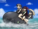  ahoge arashio_(kantai_collection) black_eyes black_hair brown_eyes brown_hair dated hair_ornament hamu_koutarou hat i-class_destroyer kantai_collection kisaragi_(kantai_collection) long_hair multiple_girls multiple_riders one-piece_swimsuit open_mouth riding shinkaisei-kan sun_hat swimsuit translated ushio_(kantai_collection) 